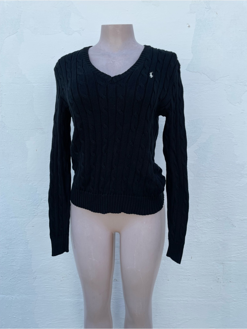polo Ralph Lauren Black Cable-Knit V-Neck Sweater with Pony Logo